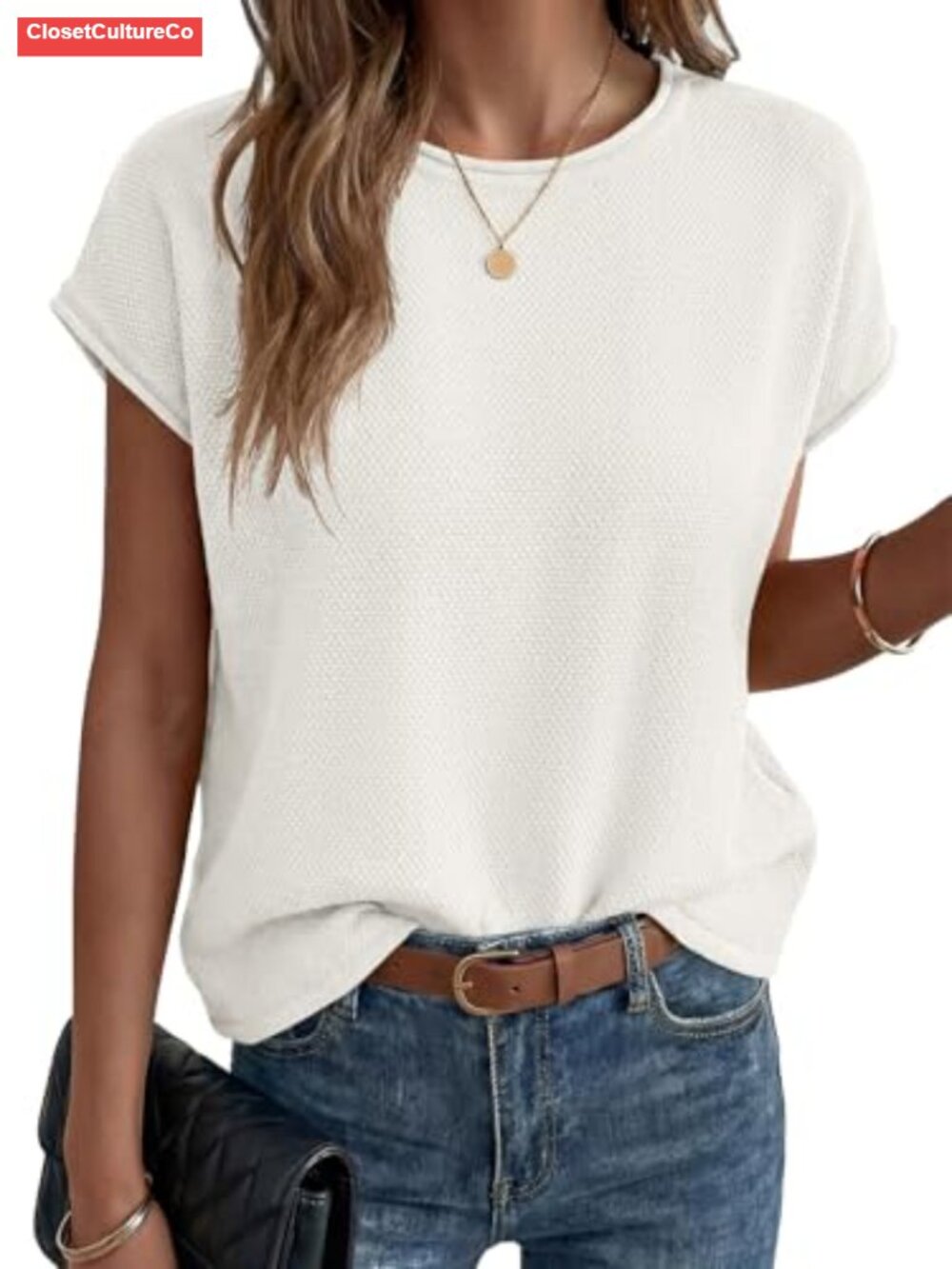 Waffle Knit Cap Sleeve Sweater Vest Loose Crew Neck Lightweight Summer Top
